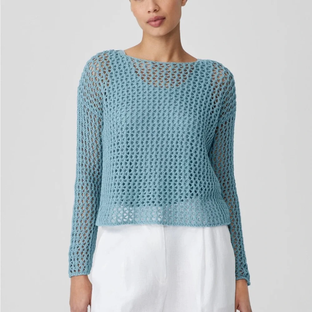 Eileen Fisher Blue Open-Knit Sweater - Picture 1 of 16